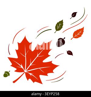 Flat of a large orange maple leaf blowing in the wind with small acorns and various autumn foliage on white background Stock Vector