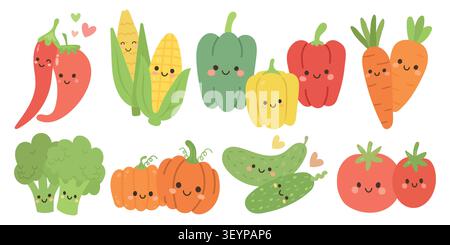 Vector cartoon isolated and food illustration set with icon vegetable design. Cute healthy tomato and vector happy pumpkin with flat baby cartoon Stock Vector