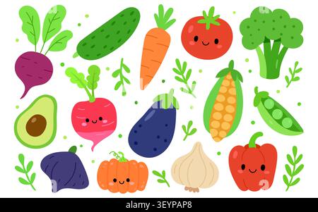 Vector cartoon isolated with food illustration set for icon vegetable design. Cute healthy tomato with vector happy pumpkin for flat baby corn Stock Vector