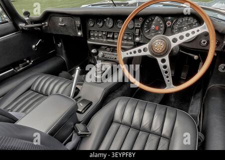 Jaguar E Type interior, 1969, Legendary British sports car Stock Photo