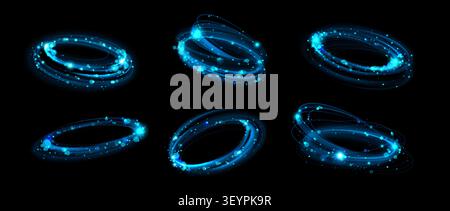 Luminous blue rings with neon sparkle effects isolated on black background. Vector realistic set of elegant turquoise circles with glowing flare particles and bokeh, luxury design elements Stock Vector