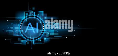 Futuristic ai technology background with neon blue hud tech frame, glowing circuit pattern on black. Vector abstract illustration of electronic board data network lines, cyberpunk interface design Stock Vector
