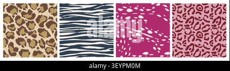 Realistic set of seamless animal patterns. Vector illustration of psychedelic Y2K leopard, tiger or zebra motifs, in brown, pink, black and white, abstract groovy zoo print, retro style fashion design Stock Vector