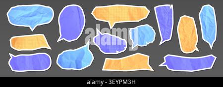 Colorful paper speech bubbles, memo stickers with grid textured background. Vector illustrations of comic dialogue balloons with torn edges, creative chat design templates for scrapbook collage Stock Vector