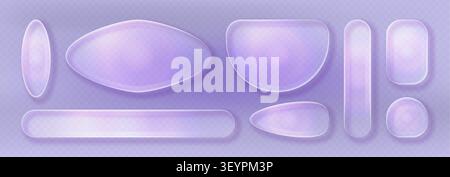 Transparent glass ui buttons with glossy liquid effect, 3d realistic vector box frames isolated on background. Modern interface elements, lilac bar shape with frosted texture, glass morphism design Stock Vector