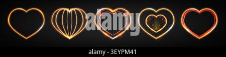 Realistic set of golden neon hearts glowing isolated on transparent background. Vector illustration of led light frames for Valentine Day banner, retro futuristic game design element, tech love sign Stock Vector