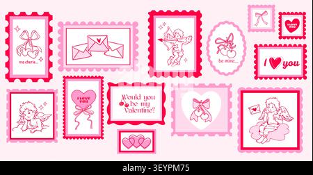 Cute Valentine postage stamp collection with love symbols. Doodle vector illustration of romantic letter icons with heart, cherry with bow decorations, vintage postal elements with winged cupid Stock Vector