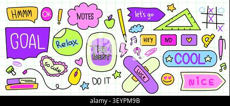 Cute school stationery icons and stickers set on notebook background. Contemporary vector illustration of colorful speech clouds with motivation text and study essentials, education poster elements Stock Vector