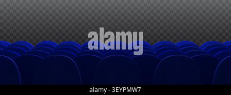 Rows of blue cinema seats isolated on transparent background. Vector realistic illustration of empty chairs for theater or movie event guests, back or front view, conference room interior design Stock Vector