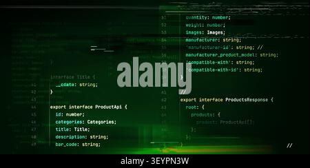 Programming code display with script elements and glitch effects on black background. Vector realistic illustration of green digital screen backdrop, software development, data structure lines Stock Vector