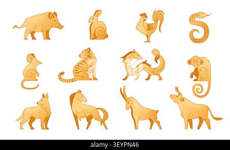 Golden Chinese zodiac animal icons set isolated on white background. Vector illustration of gold year signs, dragon, rabbit, snake, horse, lunar horoscope design elements with oriental symbols Stock Vector