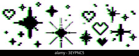 Pixel art star and heart pattern on black background. Vector realistic illustration of vibrant pink and purple Y2K poster with glittering 8bit emoji elements, cute retro gaming backdrop, magic effect Stock Vector