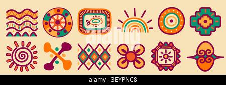 Ethnic tribal symbols set isolated on background. Vector illustration of African geometric patterns, ancient ornamental designs, Aztec decorative motifs, traditional indigenous cultural elements Stock Vector