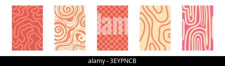 Psychedelic wavy background set with groovy swirls. Vector realistic illustration of vibrant pink and orange abstract patterns, hypnotic curves and geometric shapes, trippy checkered and spiral prints Stock Vector