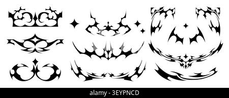 Tribal Y2K tattoo, gothic frame icons with abstract flame ornaments, sharp pattern, black vector set isolated on white background. Neo tribal border designs with spiky, horn elements Stock Vector