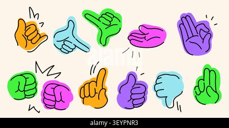 Doodle hand gesture icons set isolated on background. Vector illustration of colorful human palms and fingers in various poses, sign language, line art peace, thumbs-up and fist bump greeting signs Stock Vector
