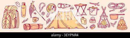 Mountain camp doodle set isolated on background. Vector illustration of tent, backpack, cooking and tourism equipment sketch, hand drawn outdoor adventure elements, summer travel poster design Stock Vector