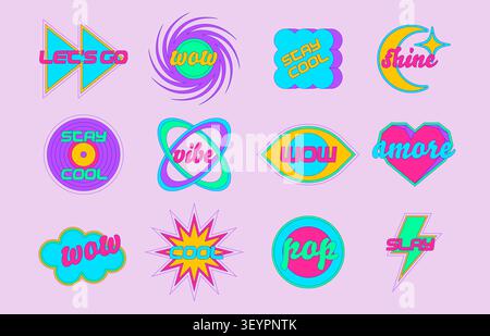 Cute y2k sticker collection with retro pop art vibes. Vector set of cool acid color star, fire, eye and heart shape icons with text, groovy 90s geometric patches for creative nostalgic design Stock Vector