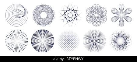 Radial geometric shapes with dot and spiral texture isolated on white background. Vector realistic illustration of abstract halftone concentric rings, modern design elements for dynamic tech banners Stock Vector