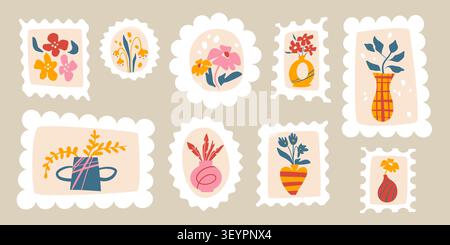 Cute vintage postage stamps on beige background. Flat vector illustration of beautiful flower bouquets in vases, retro stickers in geometric frames with creative floral design, mail patches collage Stock Vector