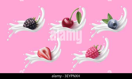 Milk splash set with 3D berries isolated on pink background. Vector realistic illustration of fresh sweet red strawberry, cherry, blue and black ripe fruits, white yogurt splatter, dairy pack design Stock Vector