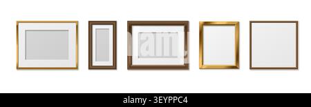 Golden photo frames set isolated on white background. Vector realistic illustration of square and rectangular shiny borders for photo, certificate, diploma, museum painting, modern elegant wall decor Stock Vector
