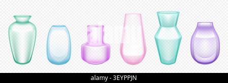 Realistic 3D glass vase with transparent crystal texture, vector illustration isolated on background. Empty clear decorative carafe, color different shapes mockup for modern interior design project Stock Vector