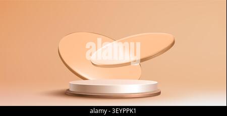 Round podium with transparent glass morphism decor on light beige background. Vector realistic illustration of luxury beauty product presentation platform with wooden stair, geometric 3D display Stock Vector