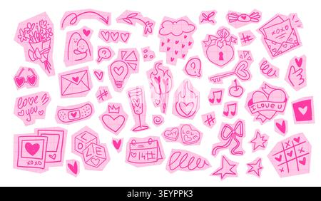 Scrapbook love stickers with pink doodle icons on paper background. Vector set of cute hearts, romantic messages, ribbon bows, locks and keys, Valentine Day collage design elements, girly craft Stock Vector