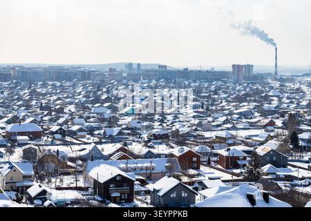 aerial view of residential area in Nizhny Tagil city from Lisya Mountain on winter day Stock Photo