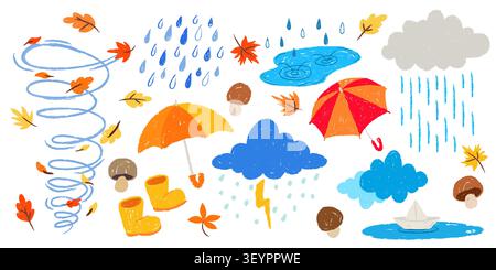Autumn weather crayon icons set on white background. Vector illustration of child drawn yellow leaves, thunderstorm clouds with rain and lightning, mushrooms and umbrellas, cute school design elements Stock Vector