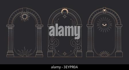 Celestial arch frames set with mystic moon, sun and stars on black background. Vector illustration of elegant golden boho borders with antique Greek pillars, esoteric and astrology cards design Stock Vector