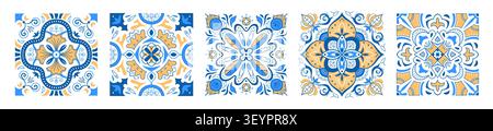 Mediterranean tile patterns, blue yellow vector illustration on white background. Greek mosaics geometric elements for seamless frames, ornamental design, traditional italian, portuguese style Stock Vector