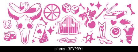 Pink set of Wild West cowboy icons on white background. Vector illustration of girly western details with hearts, cowgirl hat and boots, skull, horseshoe and gun, poker cards and dice, casino design Stock Vector