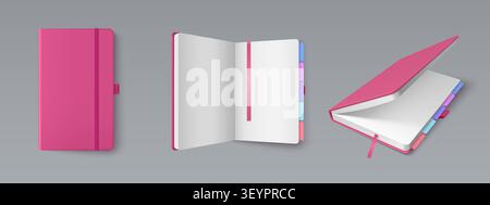 Realistic 3D notebook mockup with empty white pages, bookmark and pink cover. Vector realistic illustration of open and closed notepad template for corporate branding, office stationery design Stock Vector
