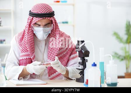 Arab doctor chemist studying new virus in lab Stock Photo