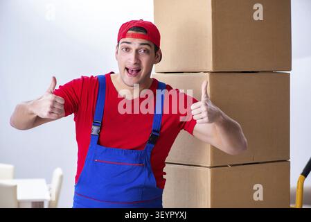 Contractor worker moving boxes during office move Stock Photo