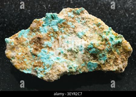 specimen of mineral from geological collection - armenian natural turquoise on rock close-up on black granite background from Alaverdi, Armenia Stock Photo