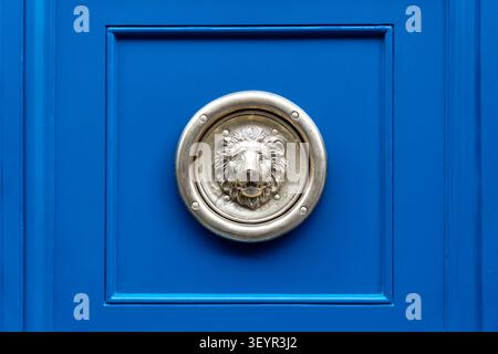 Close-up of a brass lion head door knocker mounted on a bright blue wooden door with decorative paneling. Stock Photo