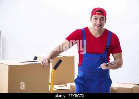 Contractor worker moving boxes during office move Stock Photo