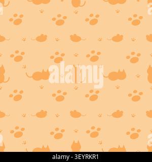 Warm orange pastel seamless pattern with cute cat and mouse silhouettes. Great for festive gift wrap, textile design, and pet graphics. Flat vector il Stock Vector