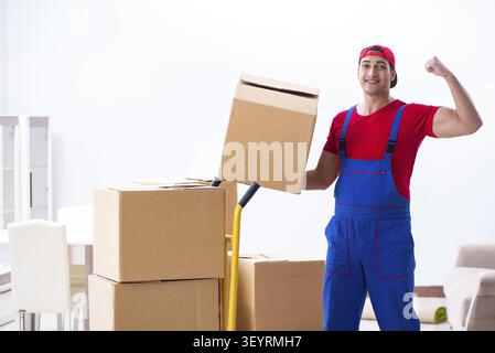 Contractor worker moving boxes during office move Stock Photo