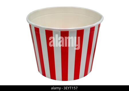 Striped red and white paper popcorn bucket isolated, on white background Stock Photo