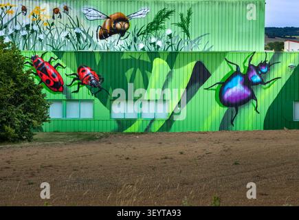 Dijon France July 2 2026. Vibrant graffiti art featuring giant mushrooms, huge ants and butterflies is painted on a low factory corrugated metal profi Stock Photo