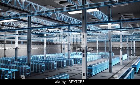 Blue holographic wireframe covers data center servers used for artificial intelligence training, neural networks and machine learning simulations. Stock Photo