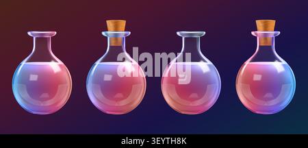 3d test tube, chemistry lab glass bottle. Witch magic potion flask, laboratory beaker vector icon. Science vial medical equipment, isolated poison Stock Vector