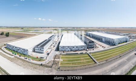 Aerial view of a large data center campus in Hutto, Texas, with three massive buildings with 400M square feet of space and 600MW power capacity Stock Photo