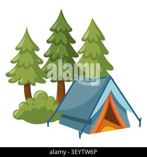 Tent in pine forest campsite. Cartoon vector isolated illustration on white background Stock Vector