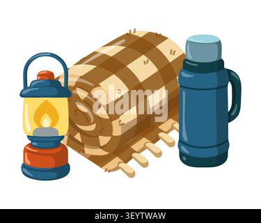 Lantern blanket and thermos camping gear. Cartoon vector isolated illustration on white background.  Stock Vector