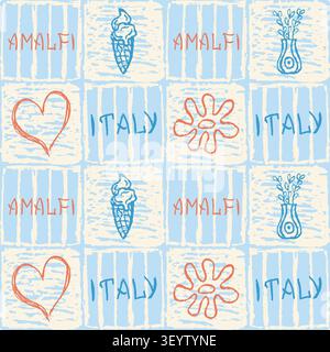 Amalfi style blue and terracotta seamless pattern with hearts, ice cream, flowers and vases. Vintage square background. Retro stylized Italian majolic Stock Vector